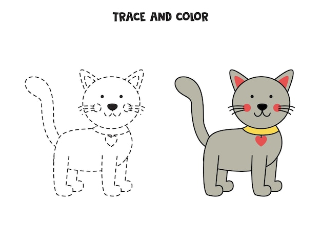 Trace and color cute gray cat Worksheet for children