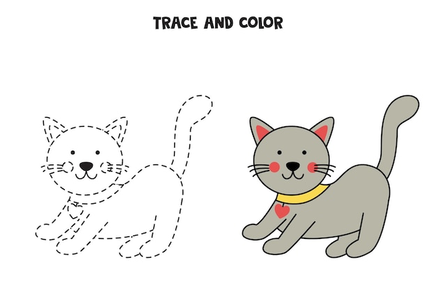 Trace and color cute gray cat Worksheet for children