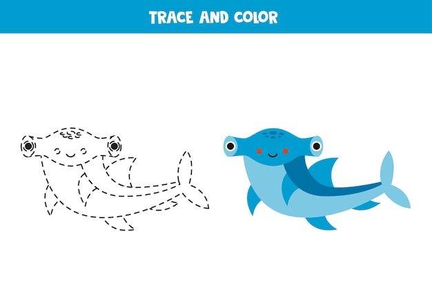 Trace and color cute hammerhead shark Worksheet for children