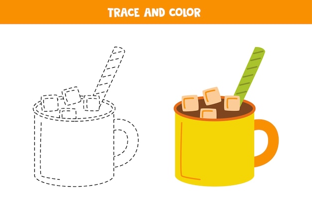 Trace and color cute hand drawn cacao cup Worksheet for children