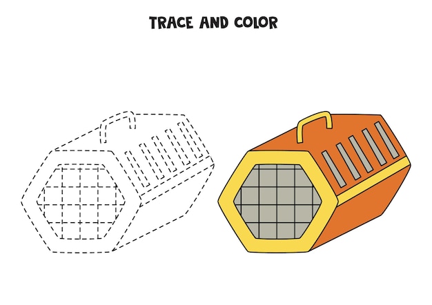 Trace and color cute hand drawn cat carrier Worksheet for children