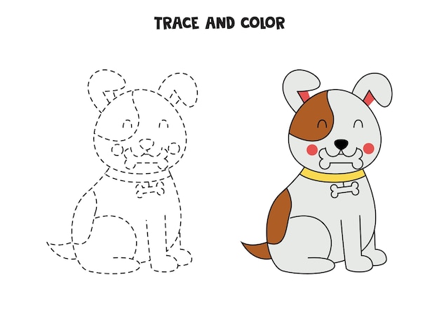 Trace and color cute hand drawn cute dog Worksheet for children