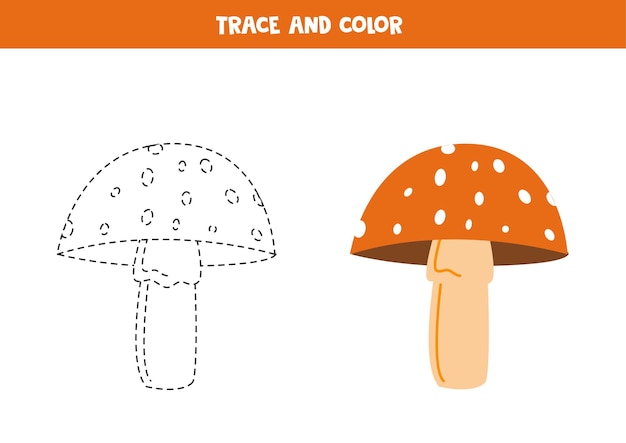 Trace and color cute hand drawn fly agaric Worksheet for children