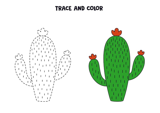 Trace and color cute hand drawn green cactus Worksheet for children