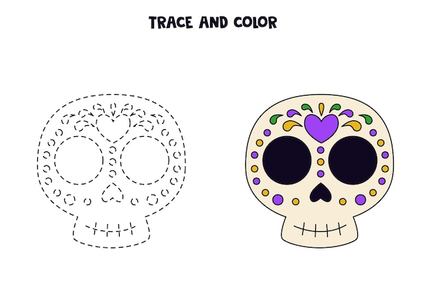 Trace and color cute hand drawn Mexican skull Worksheet for children