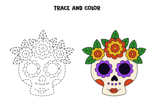 Trace and color cute hand drawn Mexican skull Worksheet for children