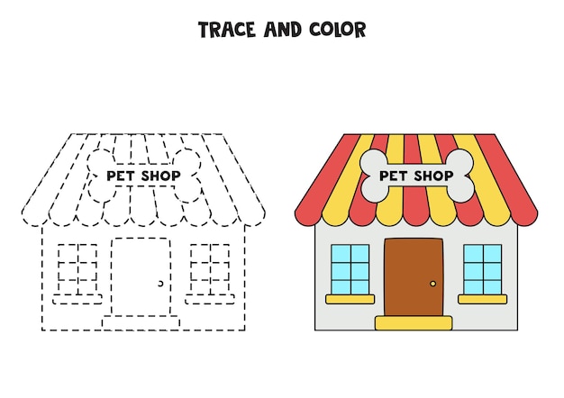 Trace and color cute hand drawn pet shop Worksheet for children