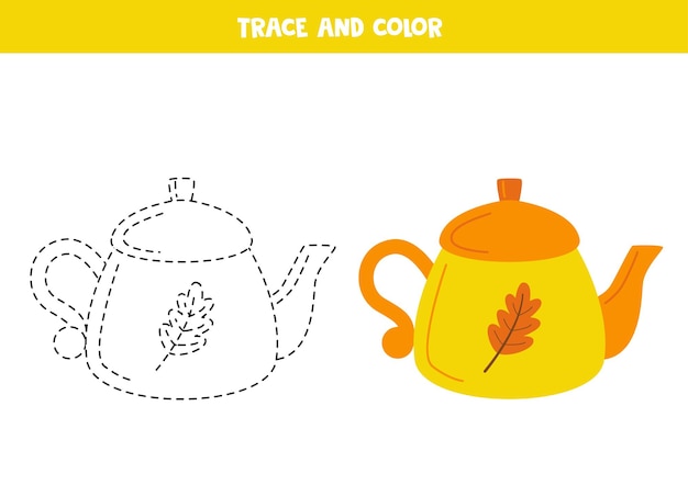 Trace and color cute hand drawn tea pot Worksheet for children