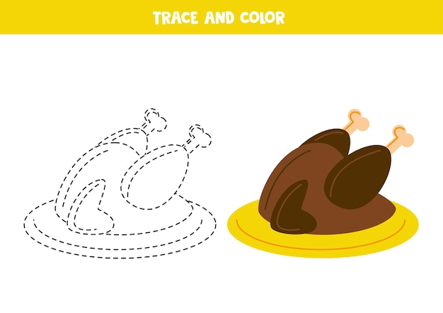 Trace and color cute hand drawn turkey dish Worksheet for children