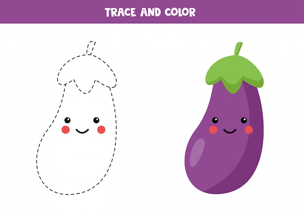 Trace and color cute kawaii eggplant. Writing skills.