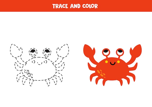 Trace and color cute red crab Worksheet for children