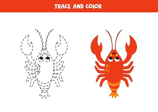 Trace and color cute red lobster Worksheet for children