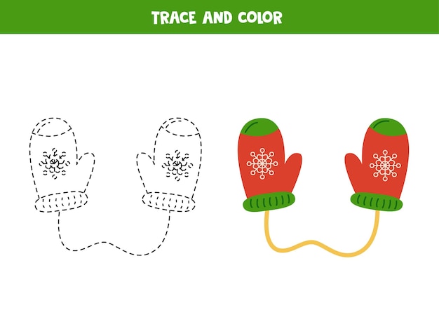 Trace and color cute red winter mittens Worksheet for children