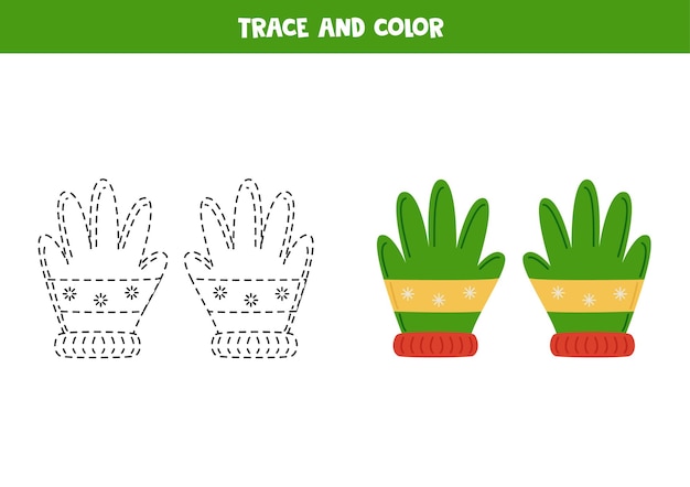 Trace and color cute winter gloves Worksheet for children