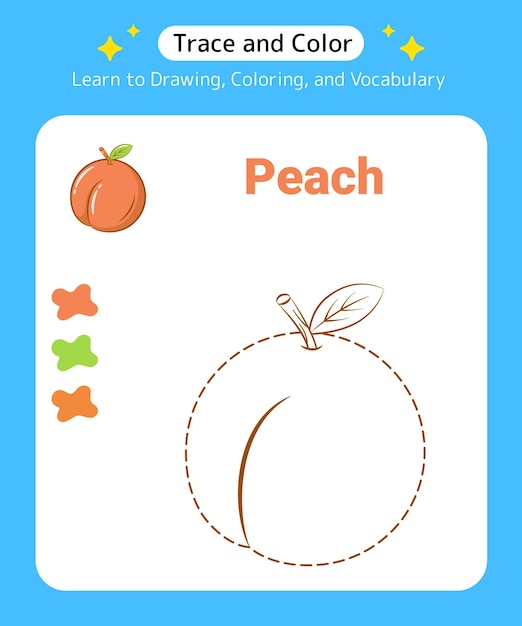 Trace and Color Fruit Peach for Preschool Kids and Kindergarten