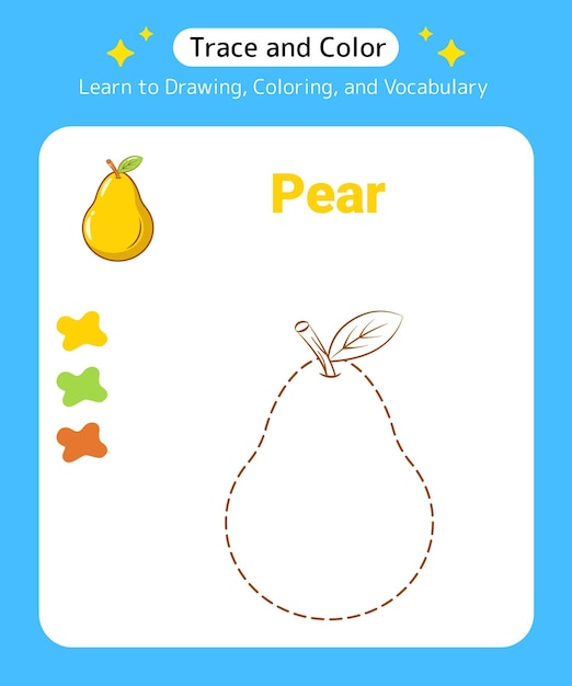 Trace and Color Fruit Pear for Preschool Kids and Kindergarten