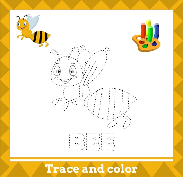 Trace and color for kids, bee vector kids activity page