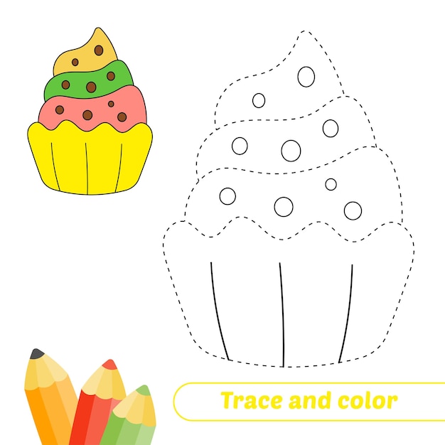 Trace and color for kids cupcake vector