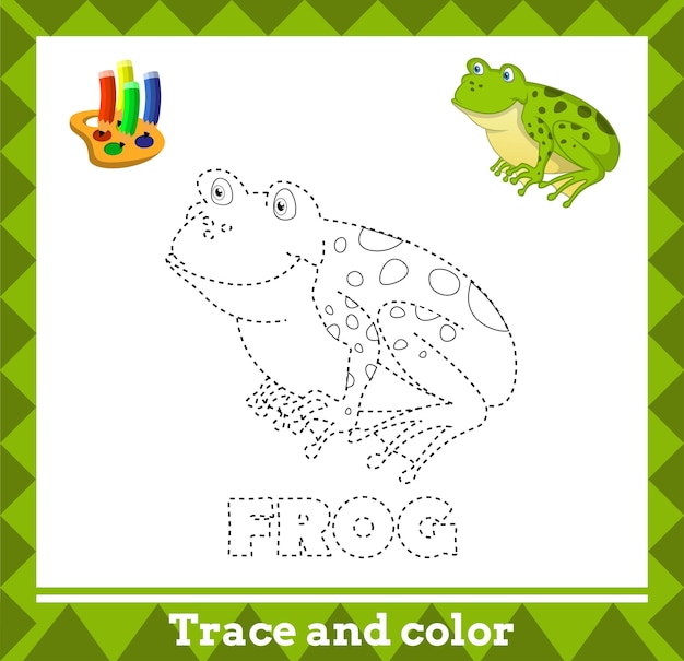 Trace and color for kids, frog vector kids activity page