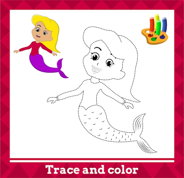 Trace and color for kids, mermaid no 11 vector illustration.