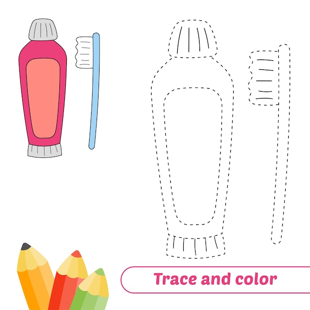 Trace and color for kids tooth brush and tooth paste vector