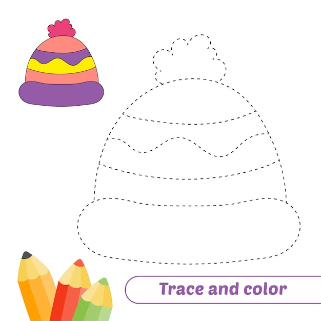 Trace and color for kids winter hat vector