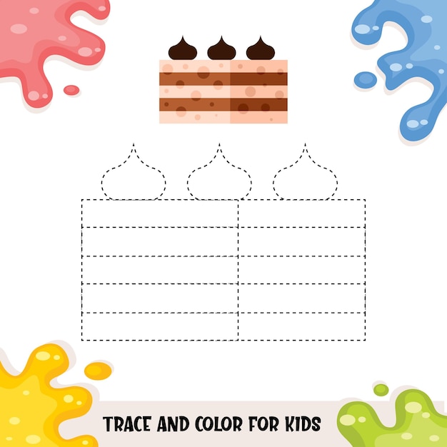 Trace and color for kids with cake illustration