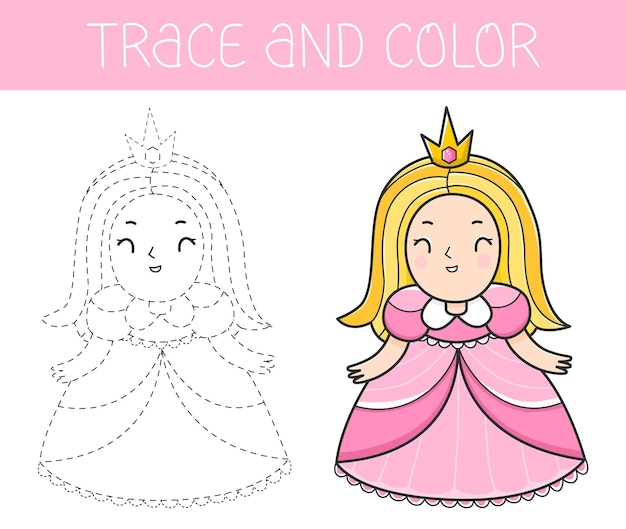 Trace and colour coloring book with princess for kids Coloring page with cartoon princess