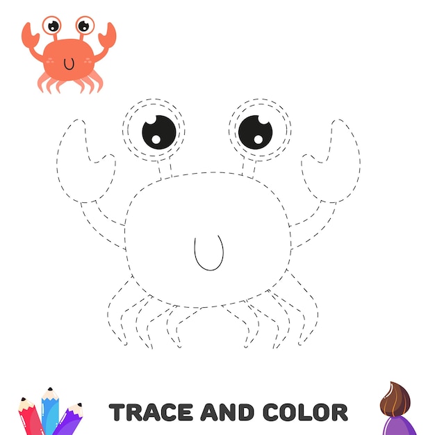 Trace crab Coloring educational worksheet for kids Activity pagexD