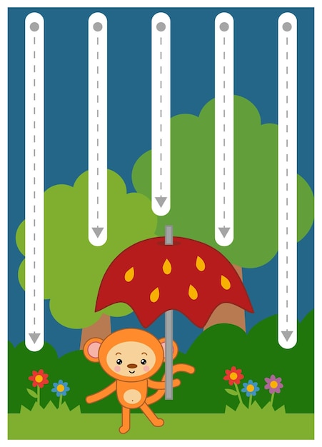 Trace the dotted lines education game for children Monkey with umbrella and rain