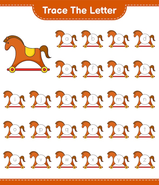 Trace the letter. Tracing letter alphabet with Rocking Horse. Educational children game, printable worksheet, vector illustration