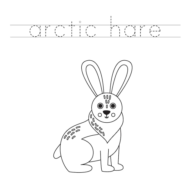 Trace the letters and color cartoon arctic hare Handwriting practice for kids