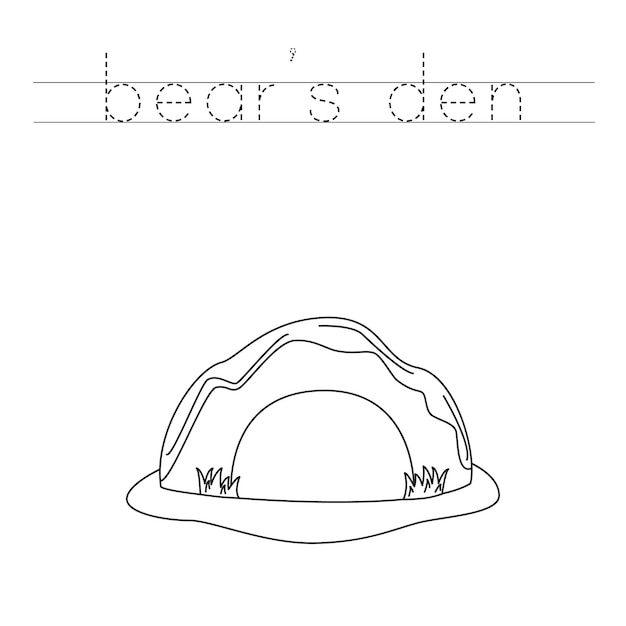 Trace the letters and color cartoon bear den Handwriting practice for kids