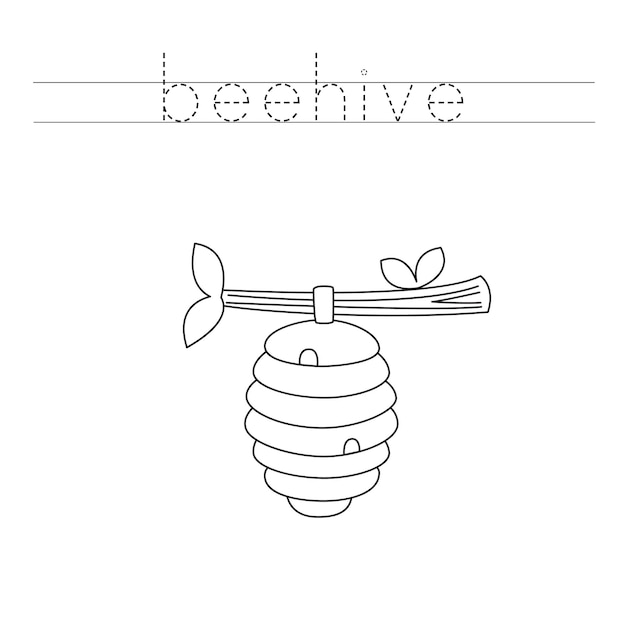 Trace the letters and color cartoon beehive Handwriting practice for kids