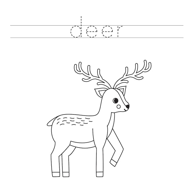 Trace the letters and color cartoon deer Handwriting practice for kids