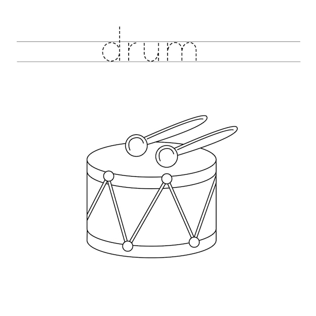 Trace the letters and color cartoon drum Handwriting practice for kids