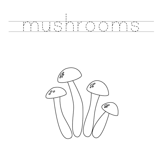 Trace the letters and color cartoon mushrooms Handwriting practice for kids