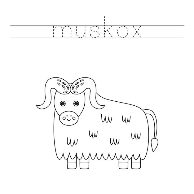 Trace the letters and color cartoon musk ox Handwriting practice for kids