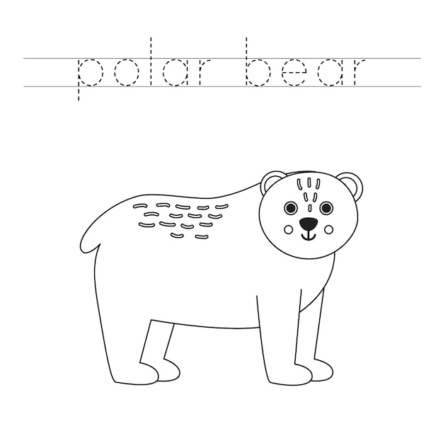 Trace the letters and color cartoon polar bear Handwriting practice for kids