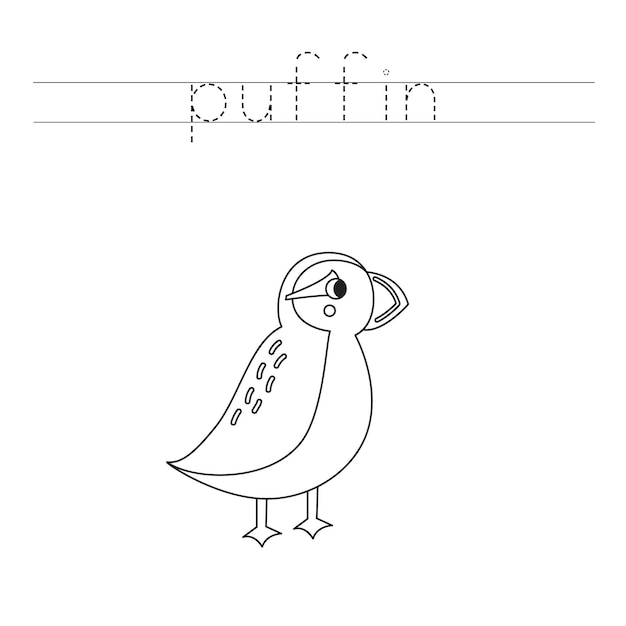 Trace the letters and color cartoon puffin Handwriting practice for kids