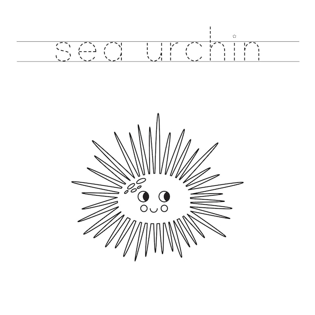 Trace the letters and color cartoon sea urchin Handwriting practice for kids