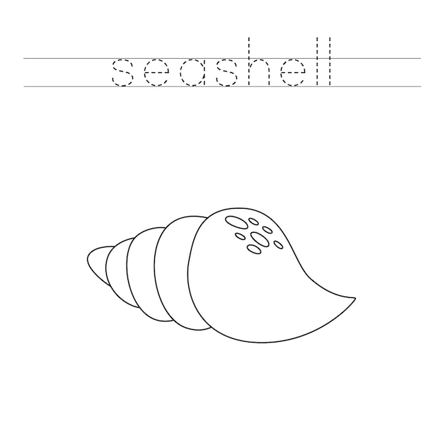 Trace the letters and color cartoon seashell Handwriting practice for kids