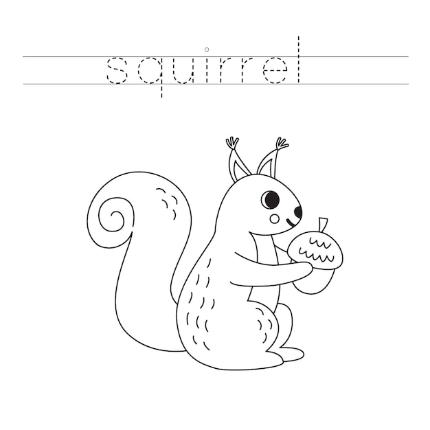 Trace the letters and color cartoon squirrel Handwriting practice for kids