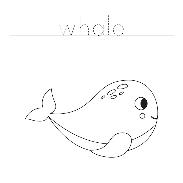 Trace the letters and color cartoon whale Handwriting practice for kids