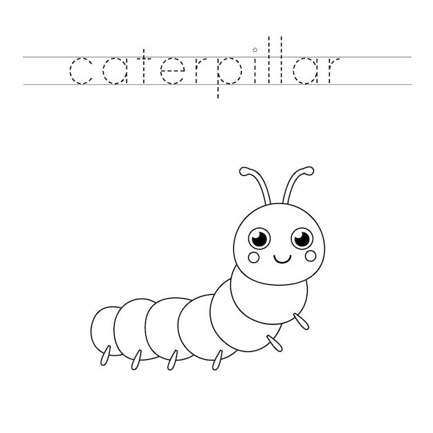 Trace the letters and color cute caterpillar. Handwriting practice for kids.