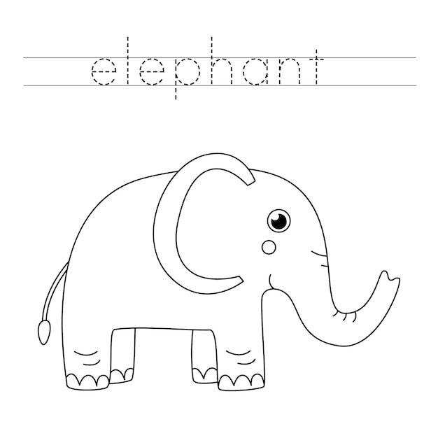 Trace the letters and color cute elephant. Handwriting practice for kids.