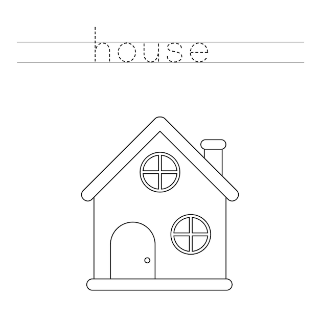 Trace the letters and color cute house. Handwriting practice for kids.