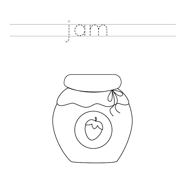 Trace the letters and color jam jar. Handwriting practice for kids.