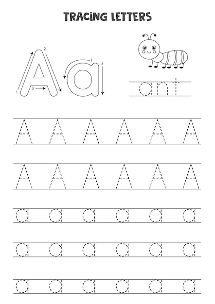 Trace letters of English alphabet. Uppercase and lowercase Aa. Handwriting practice for preschool kids.