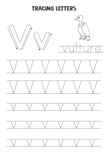 Trace letters of English alphabet. Uppercase and lowercase V. Handwriting practice for preschool kids.